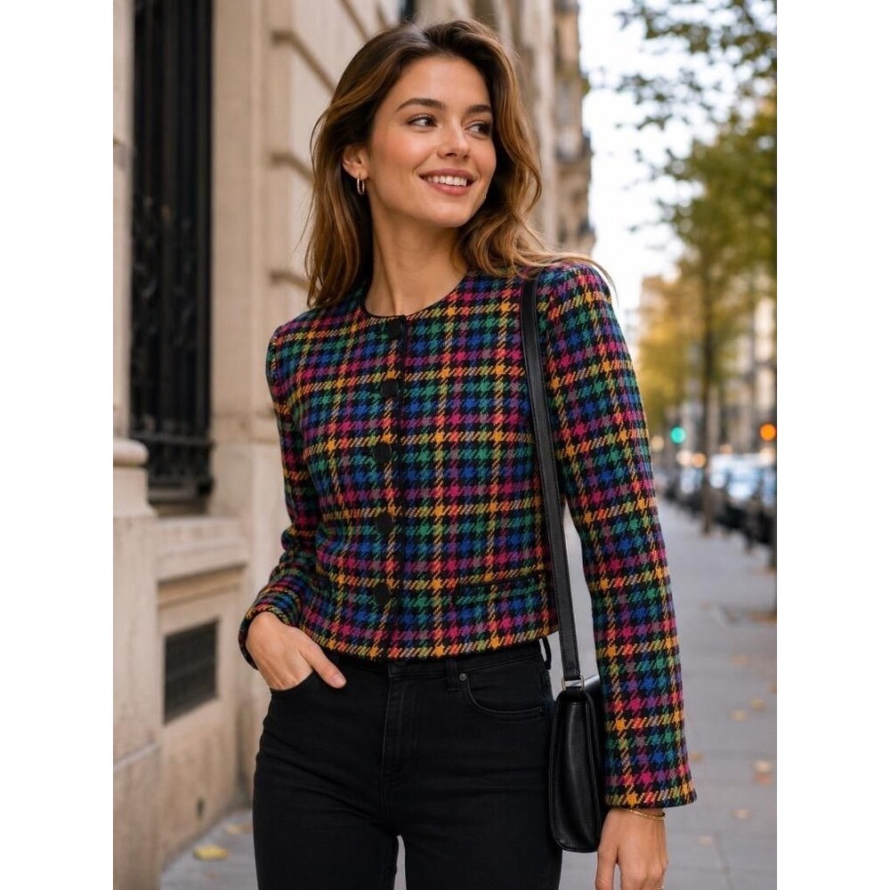Sandra Roth Vintage Cropped Blazer Women 6 Plaid Wool Cashmere Colorful Jacket